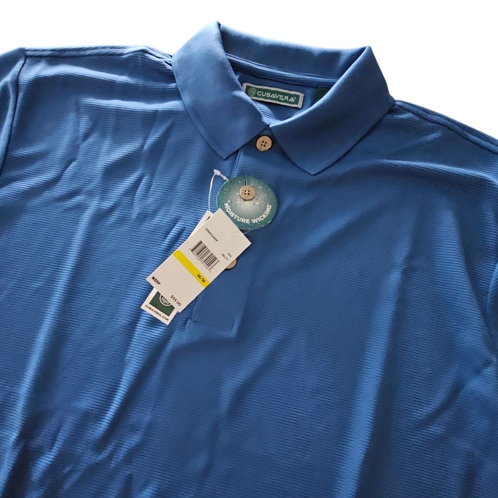 Cubavera Mens Polo Shirt Delft Blue Moisture‎ Wicking Textured Ribbed Medium NWT